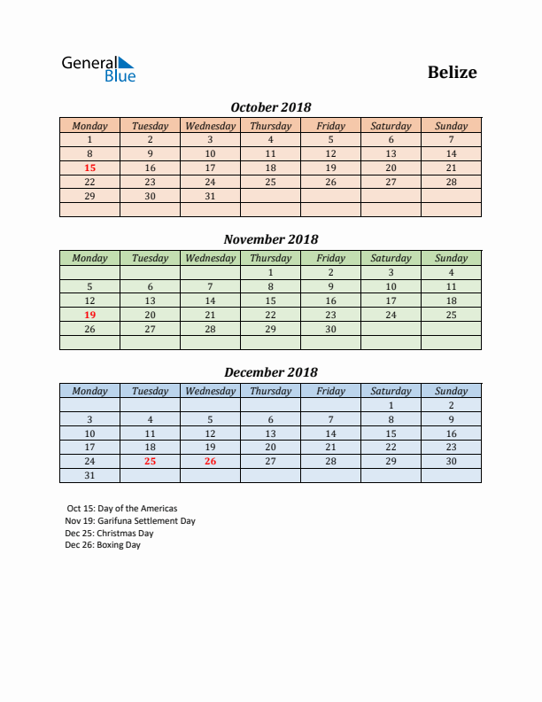 Q4 2018 Holiday Calendar - Belize