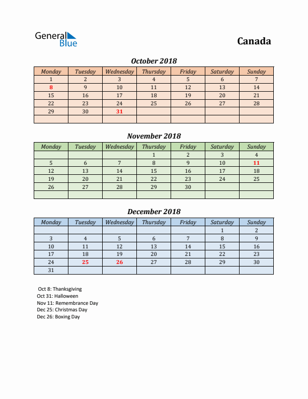 Q4 2018 Holiday Calendar - Canada