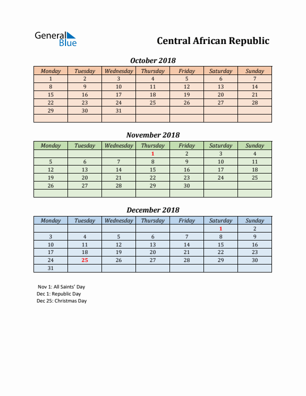 Q4 2018 Holiday Calendar - Central African Republic