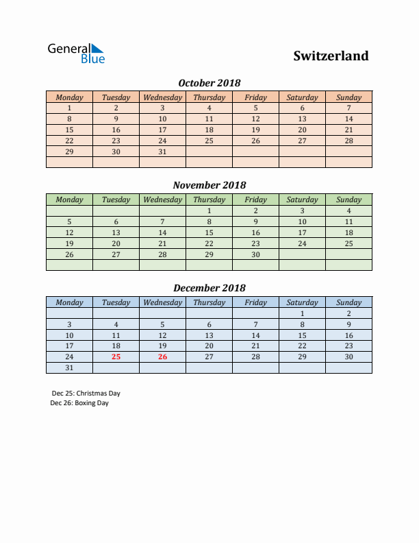 Q4 2018 Holiday Calendar - Switzerland