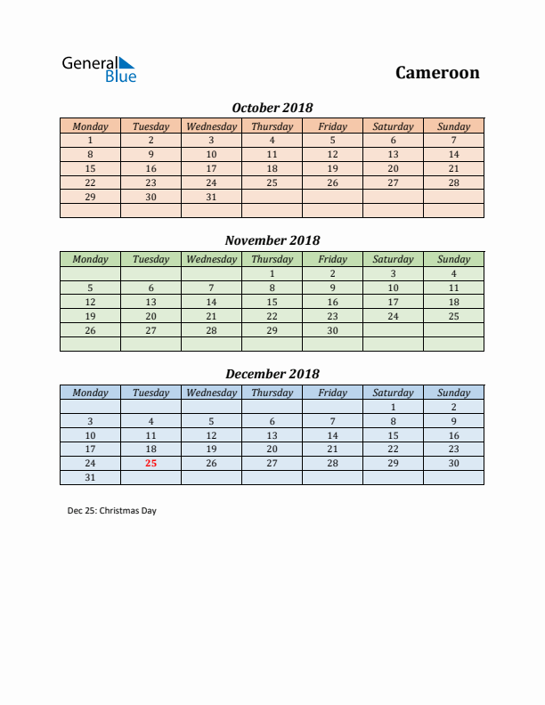 Q4 2018 Holiday Calendar - Cameroon