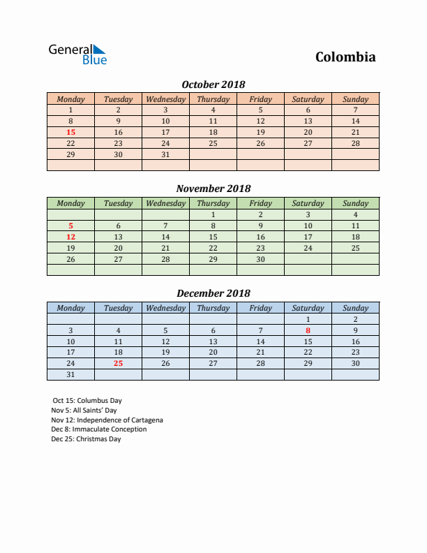 Q4 2018 Holiday Calendar - Colombia