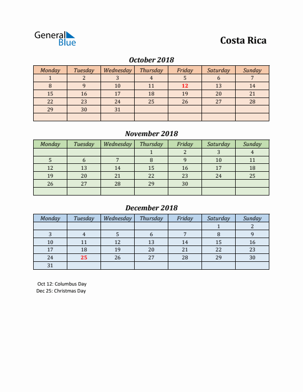 Q4 2018 Holiday Calendar - Costa Rica