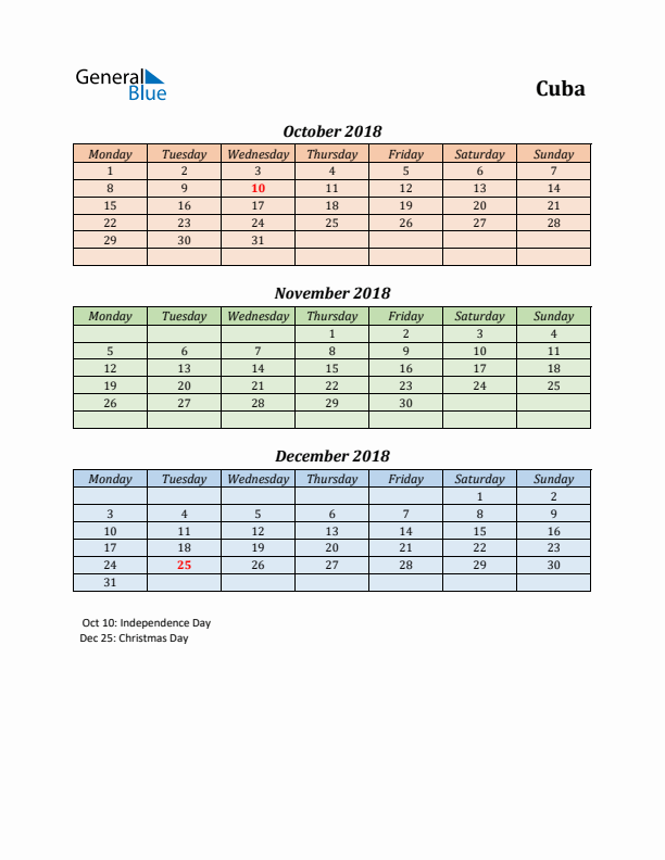 Q4 2018 Holiday Calendar - Cuba