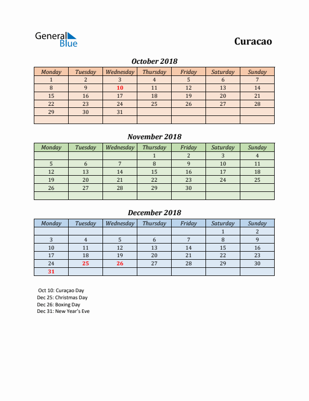 Q4 2018 Holiday Calendar - Curacao