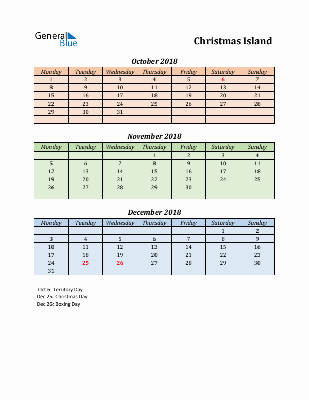 Q4 2018 Holiday Calendar - Christmas Island