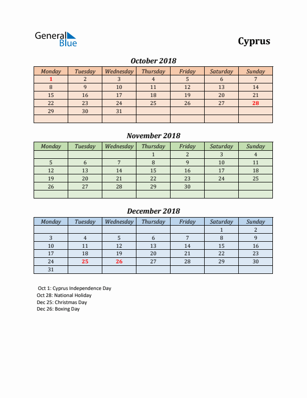 Q4 2018 Holiday Calendar - Cyprus