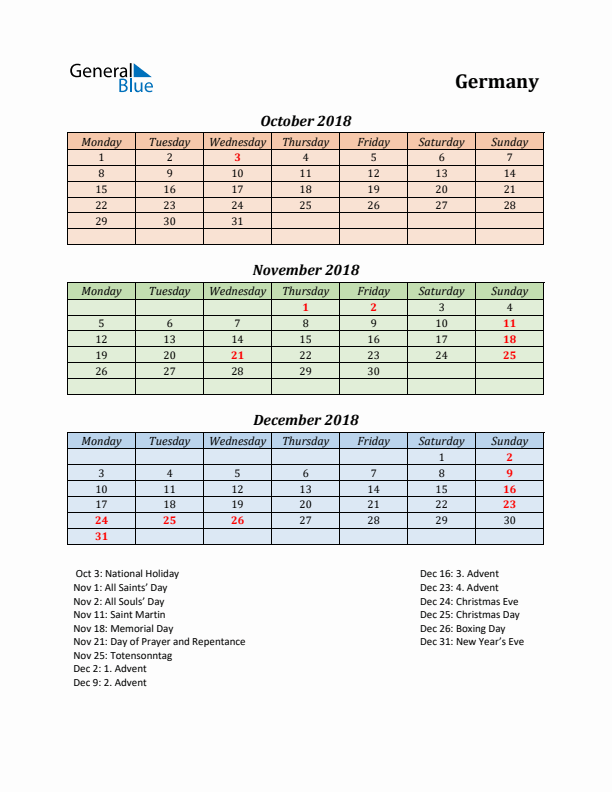 Q4 2018 Holiday Calendar - Germany