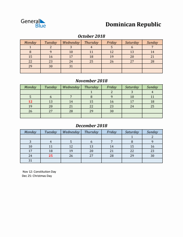 Q4 2018 Holiday Calendar - Dominican Republic