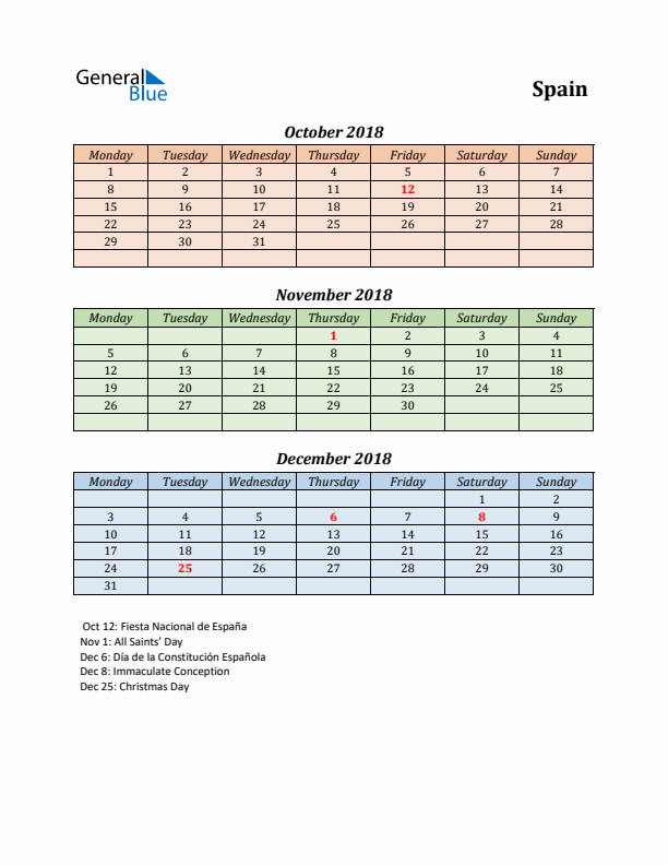 Q4 2018 Holiday Calendar - Spain