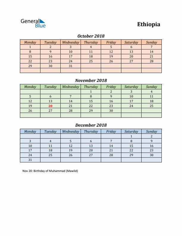 Q4 2018 Holiday Calendar - Ethiopia