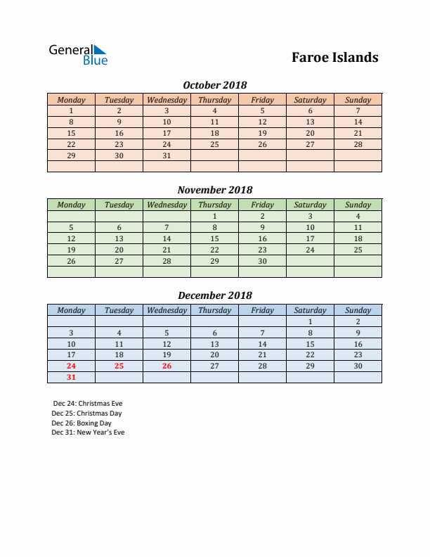 Q4 2018 Holiday Calendar - Faroe Islands