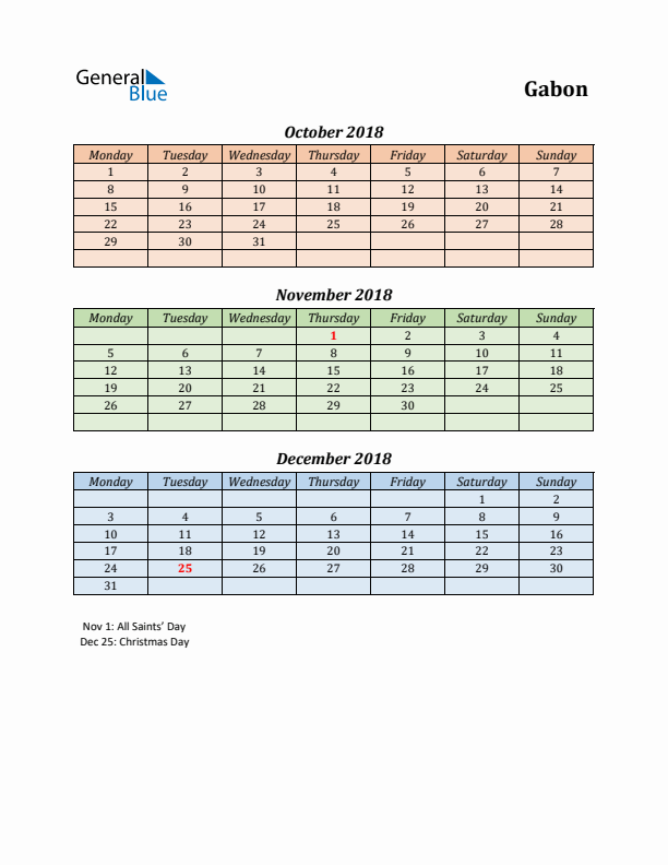 Q4 2018 Holiday Calendar - Gabon