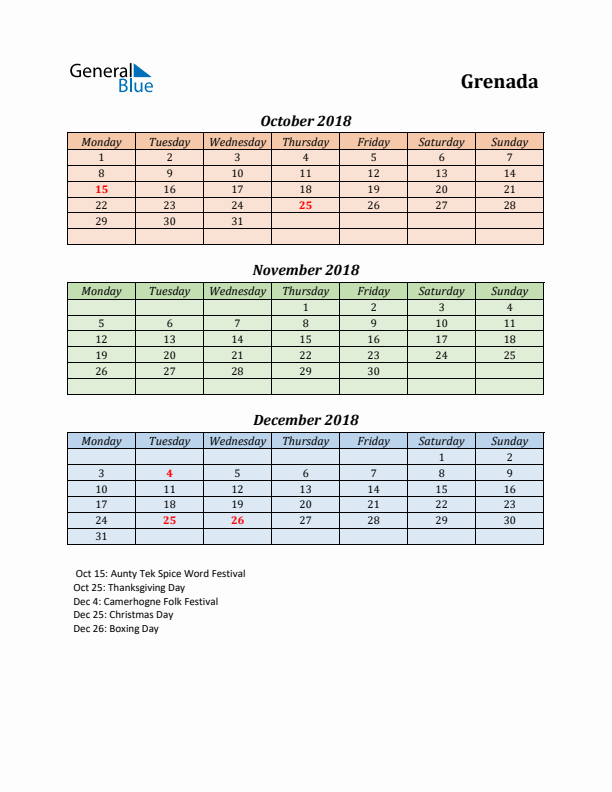 Q4 2018 Holiday Calendar - Grenada