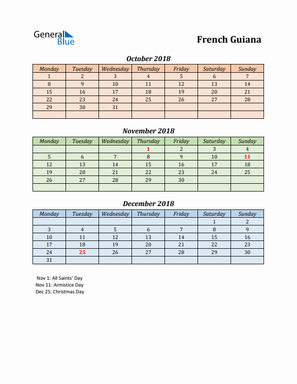 Q4 2018 Holiday Calendar - French Guiana