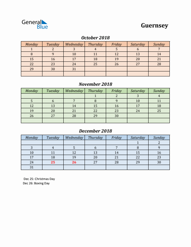 Q4 2018 Holiday Calendar - Guernsey