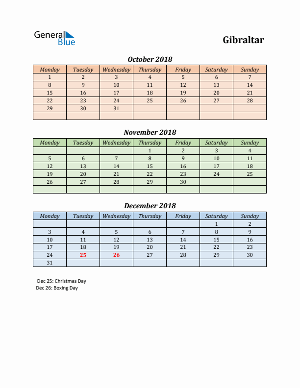 Q4 2018 Holiday Calendar - Gibraltar