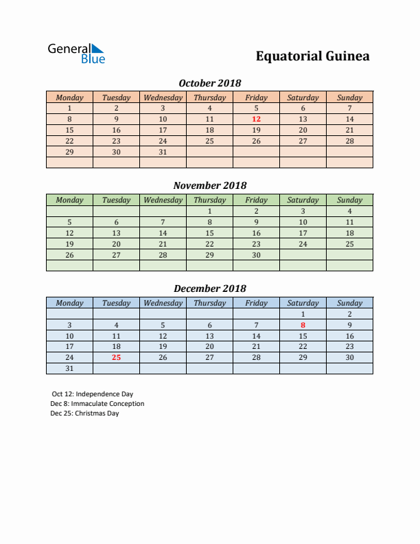 Q4 2018 Holiday Calendar - Equatorial Guinea