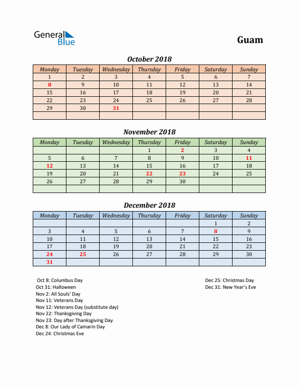 Q4 2018 Holiday Calendar - Guam