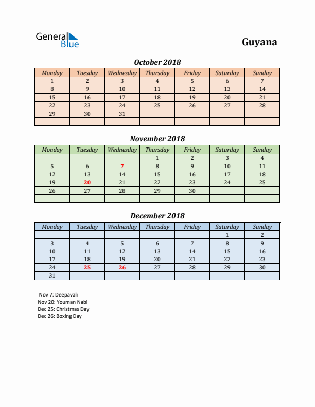 Q4 2018 Holiday Calendar - Guyana