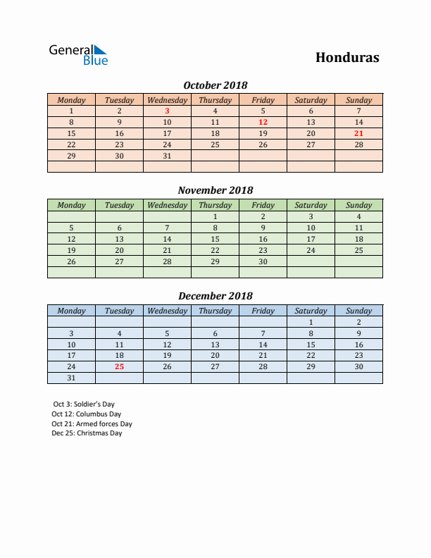 Q4 2018 Holiday Calendar - Honduras