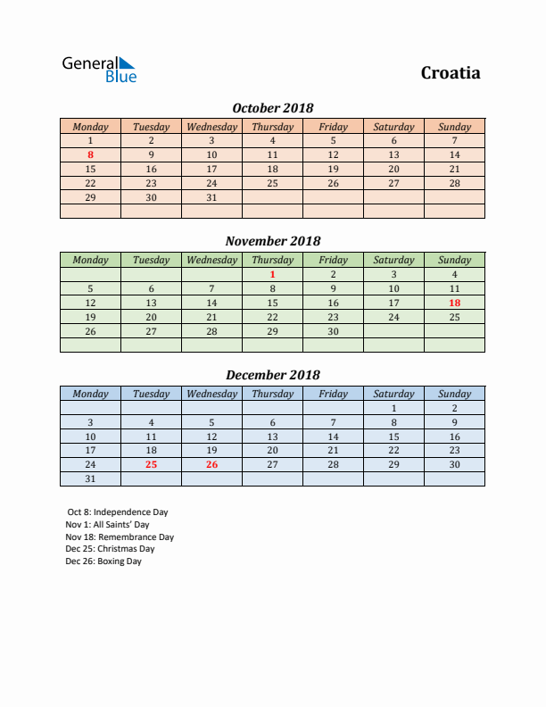 Q4 2018 Holiday Calendar - Croatia