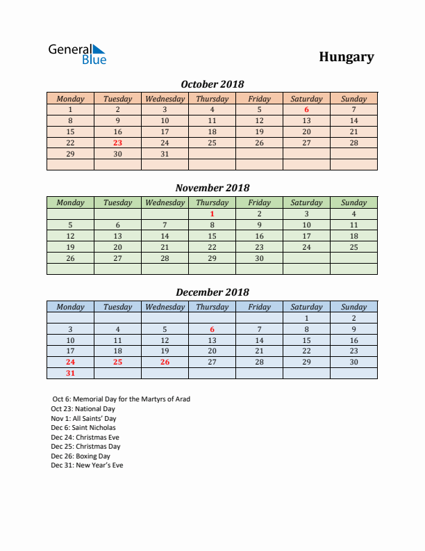 Q4 2018 Holiday Calendar - Hungary