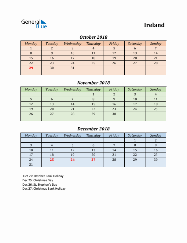 Q4 2018 Holiday Calendar - Ireland