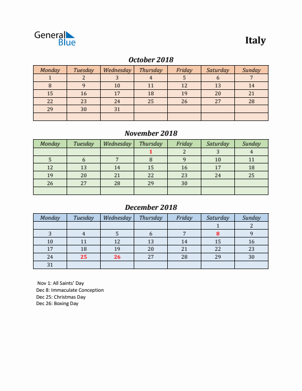 Q4 2018 Holiday Calendar - Italy