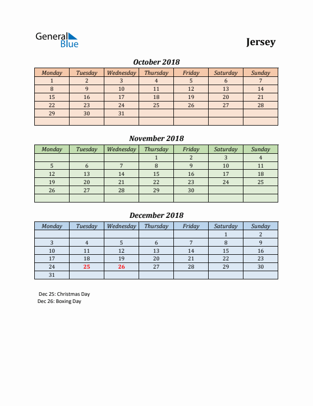 Q4 2018 Holiday Calendar - Jersey