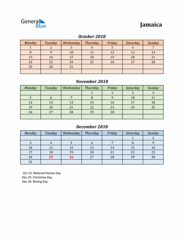 Q4 2018 Holiday Calendar - Jamaica