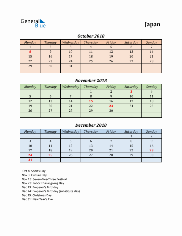 Q4 2018 Holiday Calendar - Japan