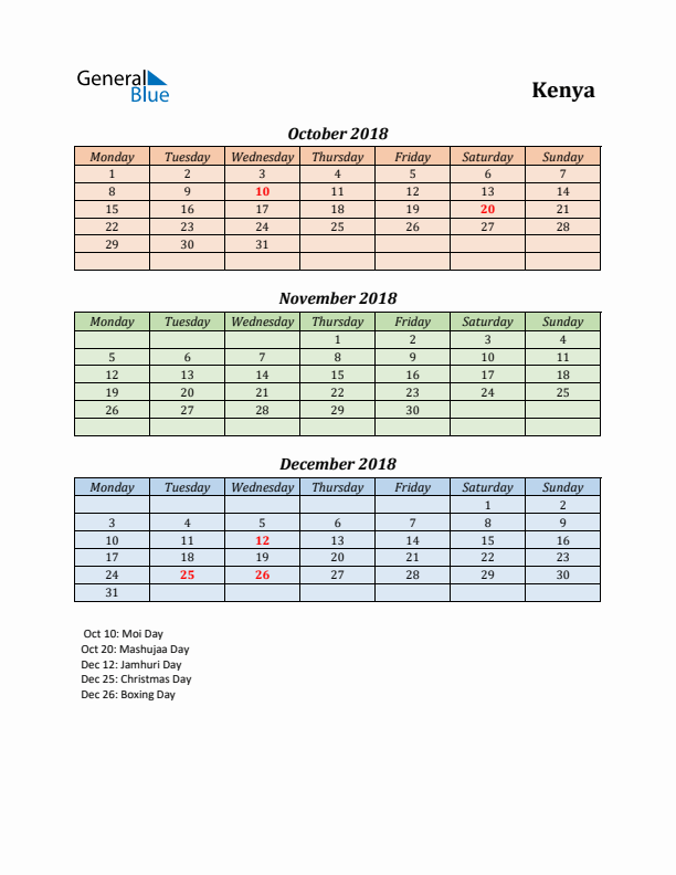 Q4 2018 Holiday Calendar - Kenya