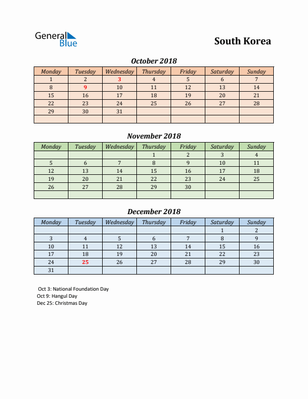 Q4 2018 Holiday Calendar - South Korea