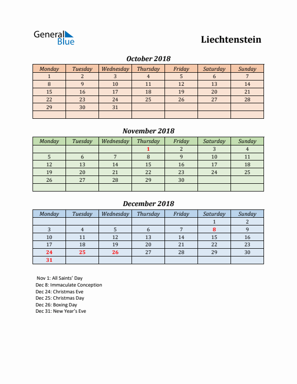 Q4 2018 Holiday Calendar - Liechtenstein