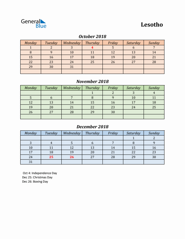 Q4 2018 Holiday Calendar - Lesotho