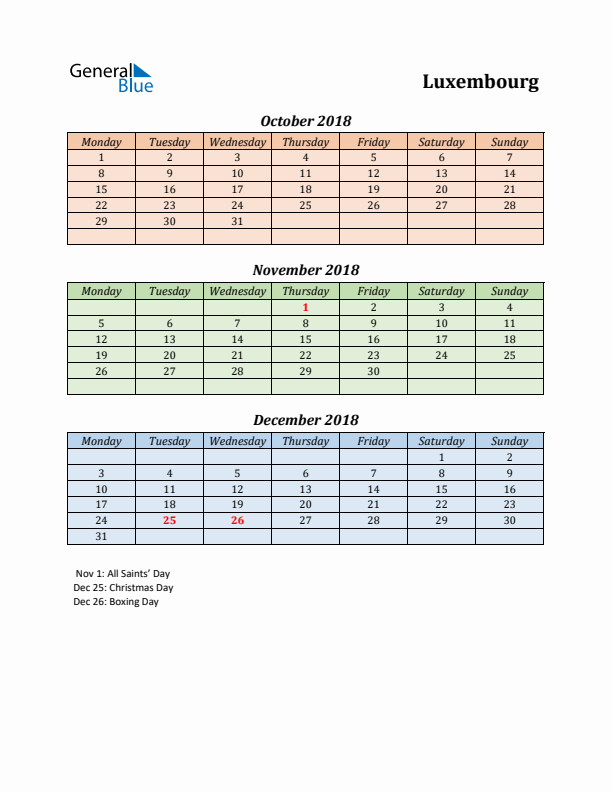 Q4 2018 Holiday Calendar - Luxembourg