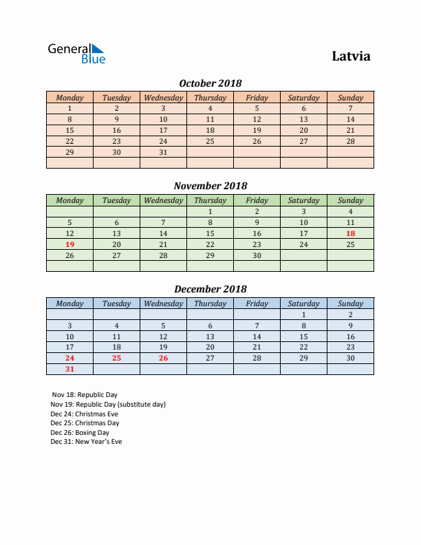 Q4 2018 Holiday Calendar - Latvia