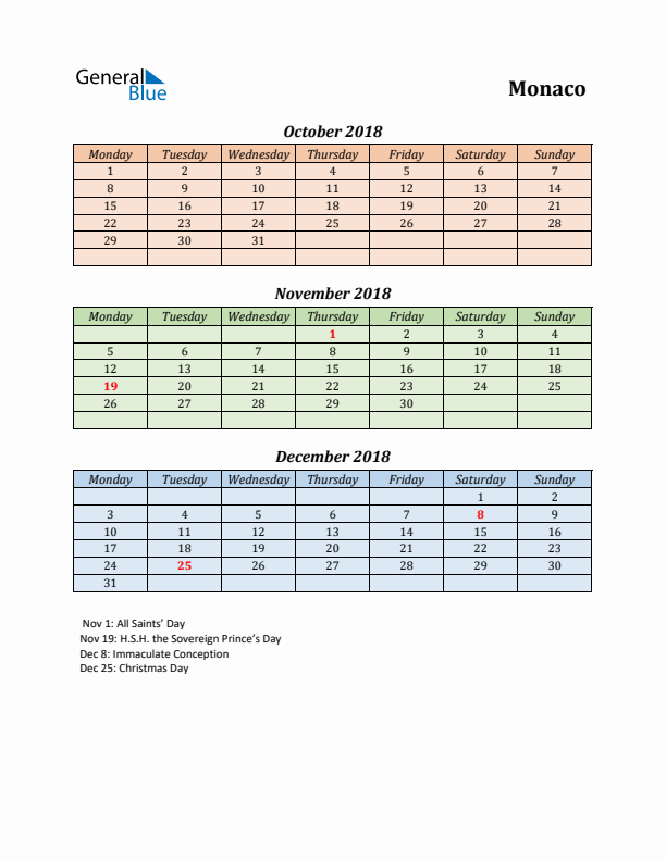 Q4 2018 Holiday Calendar - Monaco