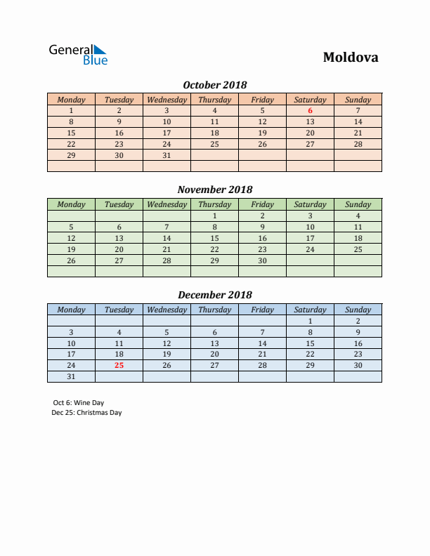 Q4 2018 Holiday Calendar - Moldova