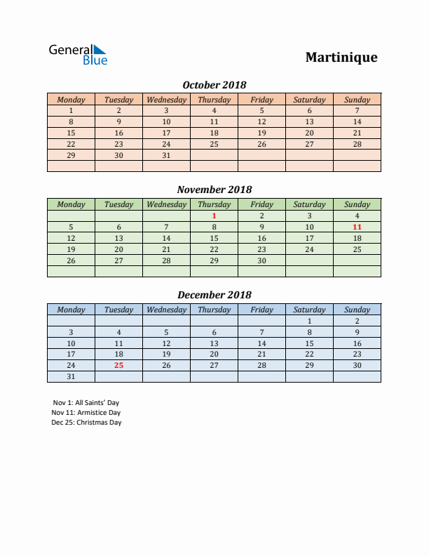 Q4 2018 Holiday Calendar - Martinique