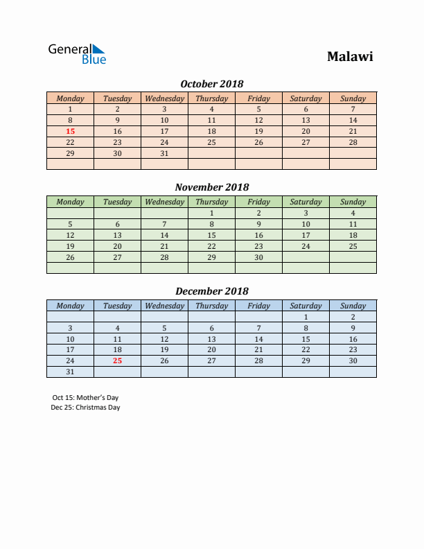 Q4 2018 Holiday Calendar - Malawi