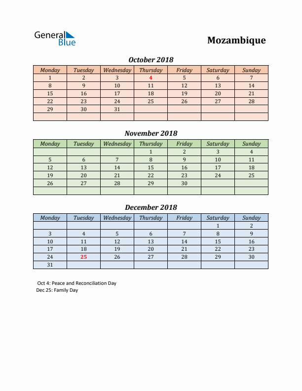 Q4 2018 Holiday Calendar - Mozambique