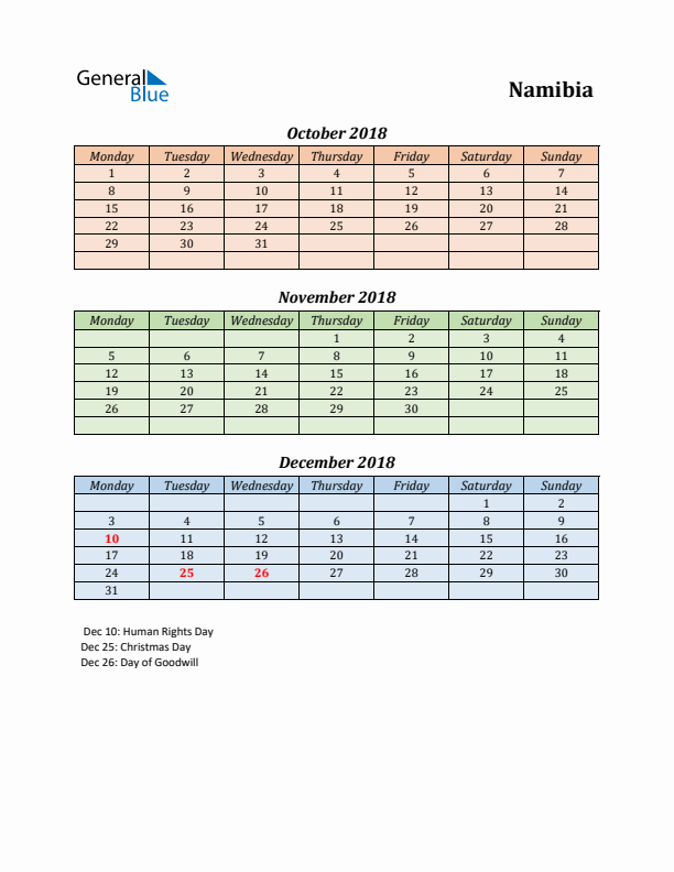 Q4 2018 Holiday Calendar - Namibia