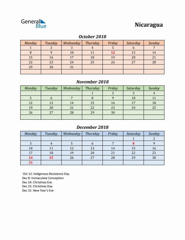 Q4 2018 Holiday Calendar - Nicaragua