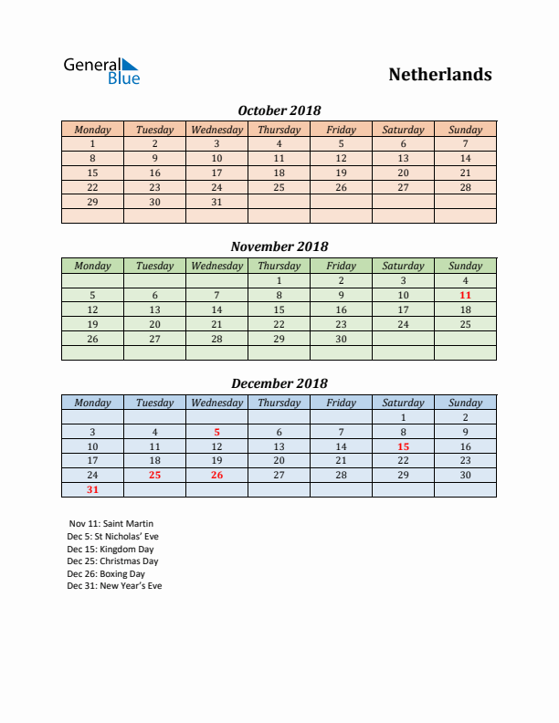 Q4 2018 Holiday Calendar - The Netherlands