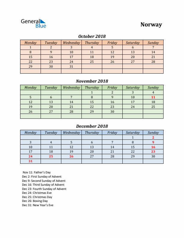 Q4 2018 Holiday Calendar - Norway