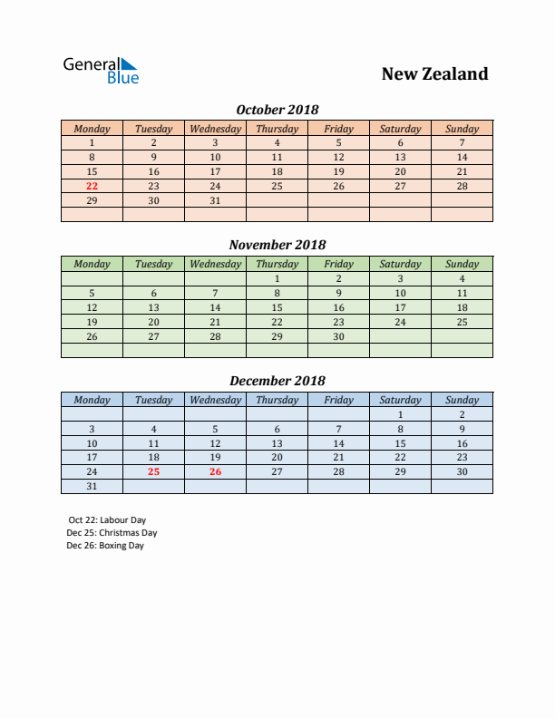 Q4 2018 Holiday Calendar - New Zealand