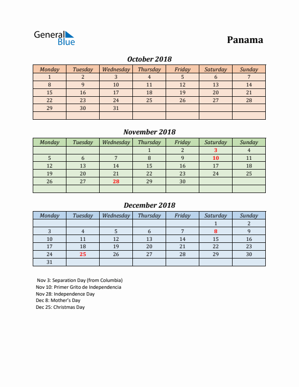 Q4 2018 Holiday Calendar - Panama