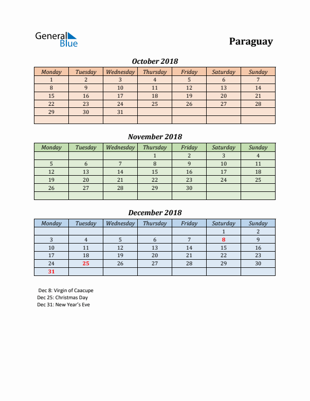 Q4 2018 Holiday Calendar - Paraguay